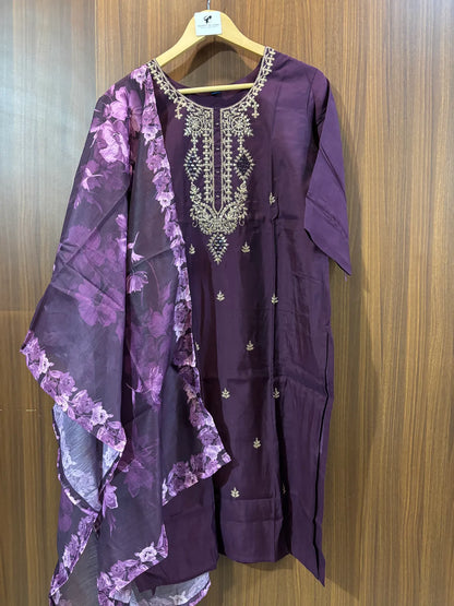 Purple Roman Silk Partywear Suit Set For Women
