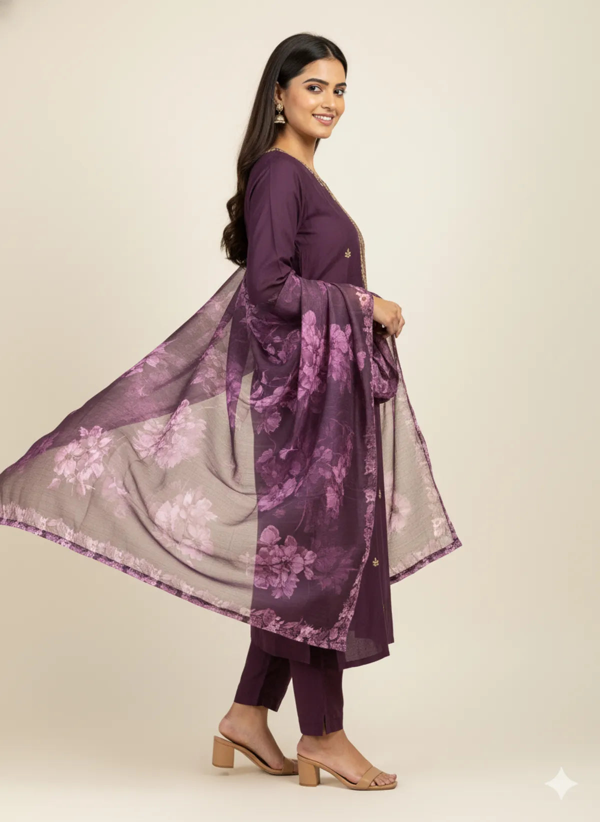 Purple Roman Silk Partywear Suit Set For Women