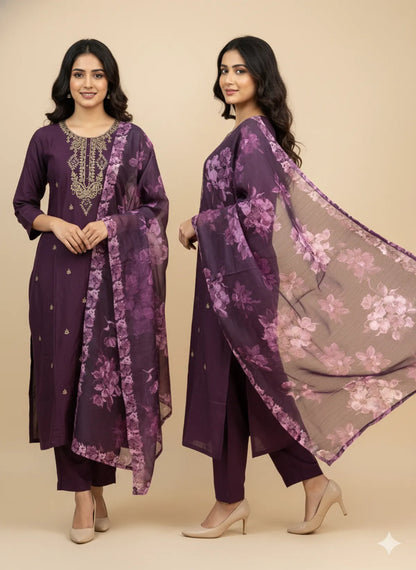 Purple Roman Silk Partywear Suit Set For Women