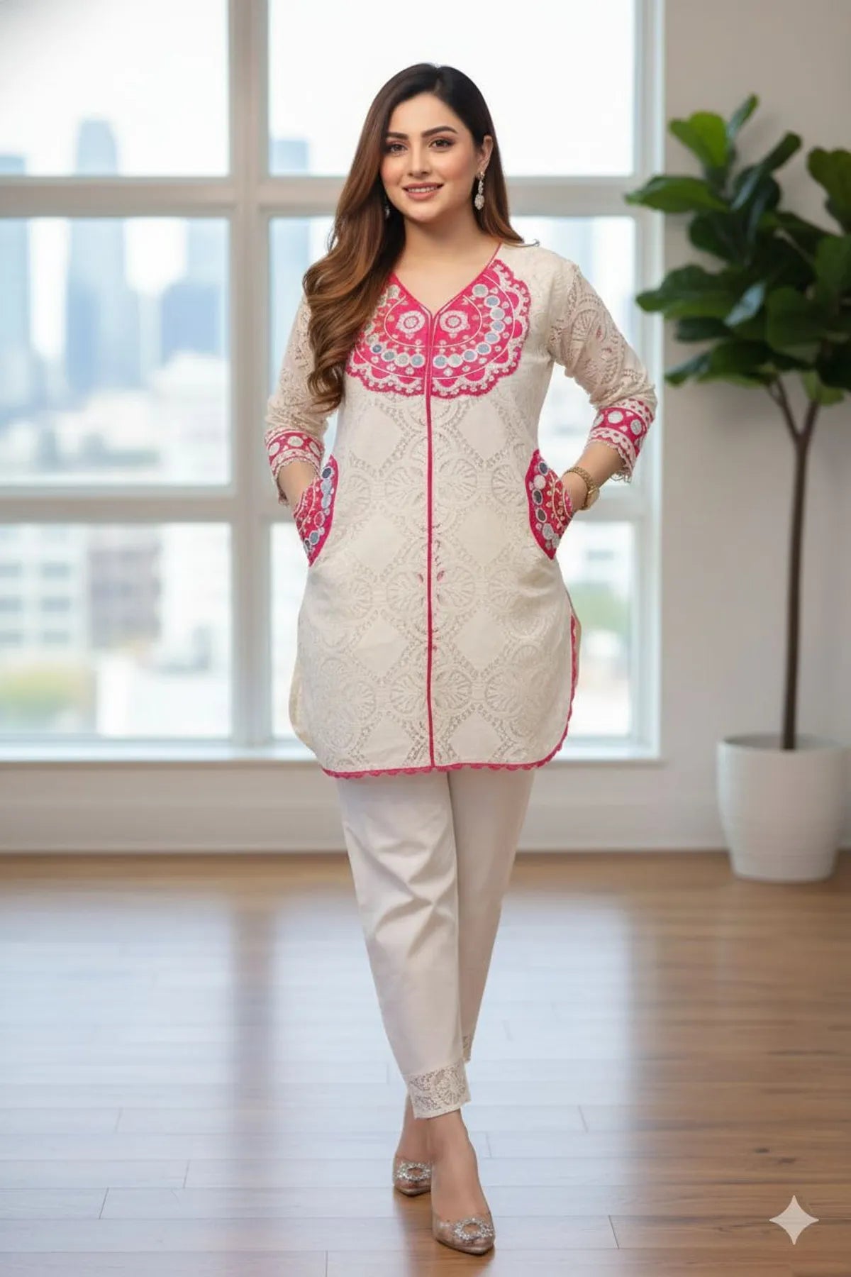 White Pink Riwaayat Cotton Festive Kurta Set For Women