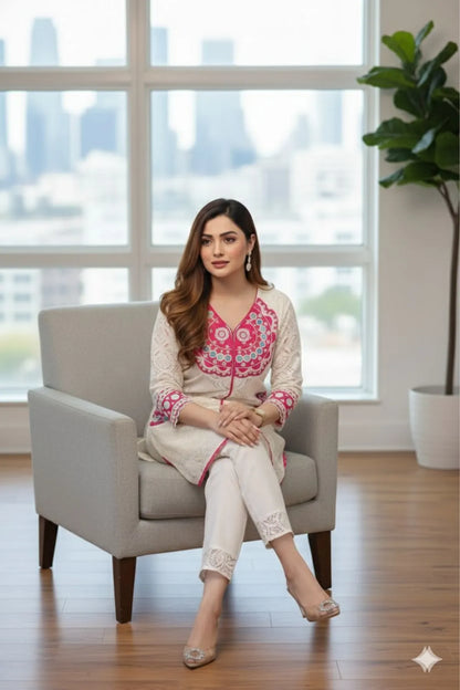 White Pink Riwaayat Cotton Festive Kurta Set For Women