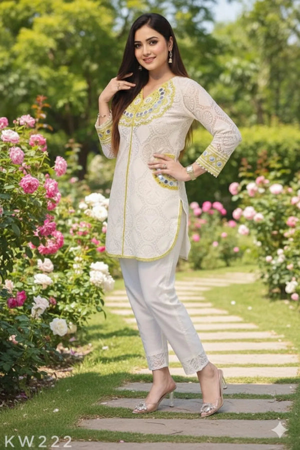 White Yellow Riwaayat Cotton Festive Kurta Set For Women