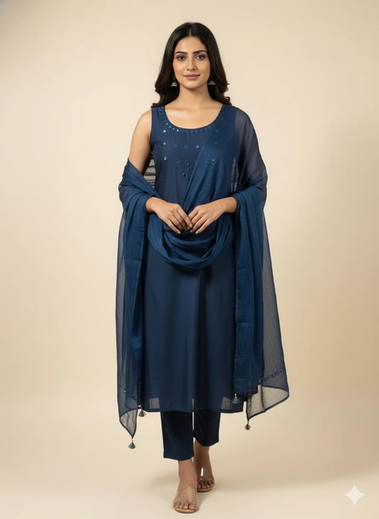 Navy Blue Cotton Partywear Suit Set For Women