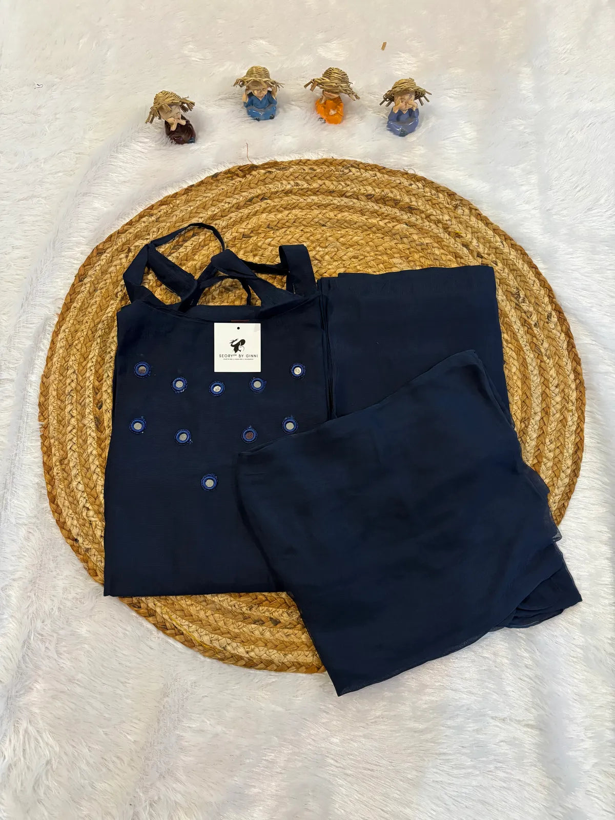 Navy Blue Cotton Partywear Suit Set For Women