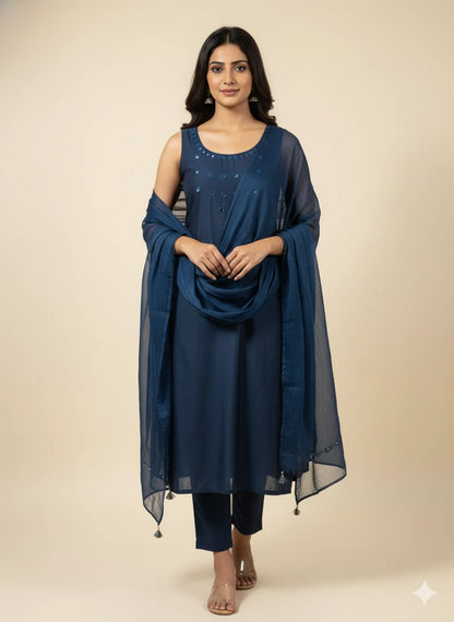 Navy Blue Cotton Partywear Suit Set For Women