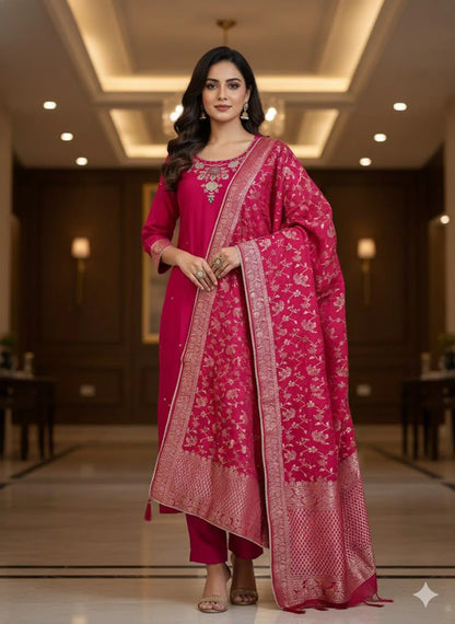 Pink Silk Cotton Partywear Suit Set For Women
