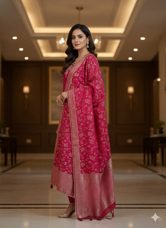 Pink Silk Cotton Partywear Suit Set For Women