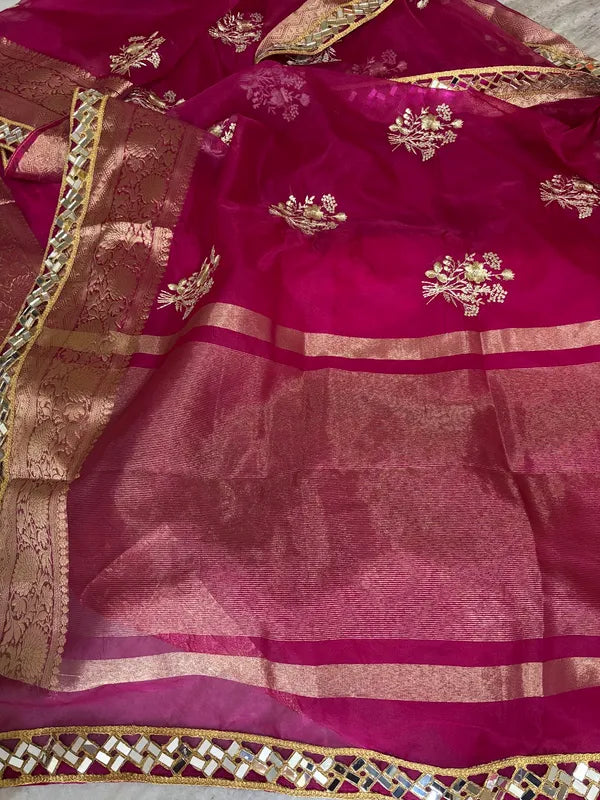 Magenta Pink Soft Organza Partywear Saree For Women