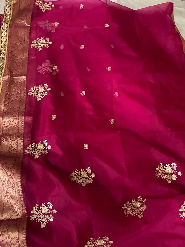 Magenta Pink Soft Organza Partywear Saree For Women