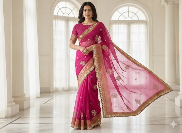 Magenta Pink Soft Organza Partywear Saree For Women