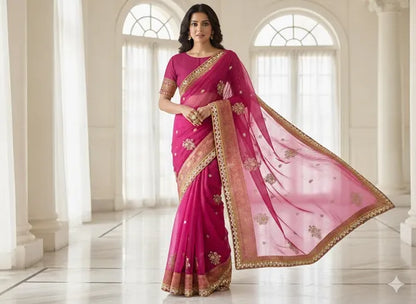 Magenta Pink Soft Organza Partywear Saree For Women