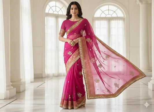 Magenta Pink Soft Organza Partywear Saree For Women