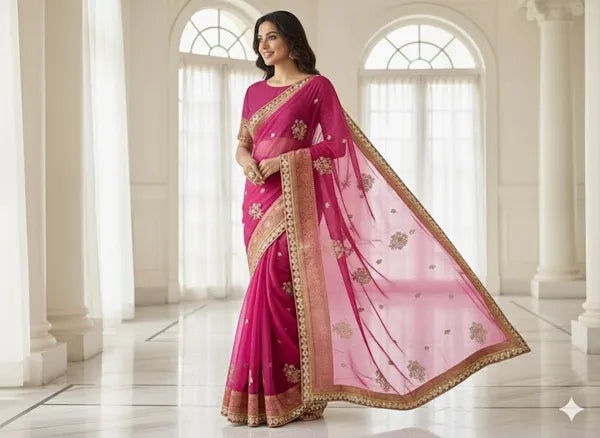 Magenta Pink Soft Organza Partywear Saree For Women