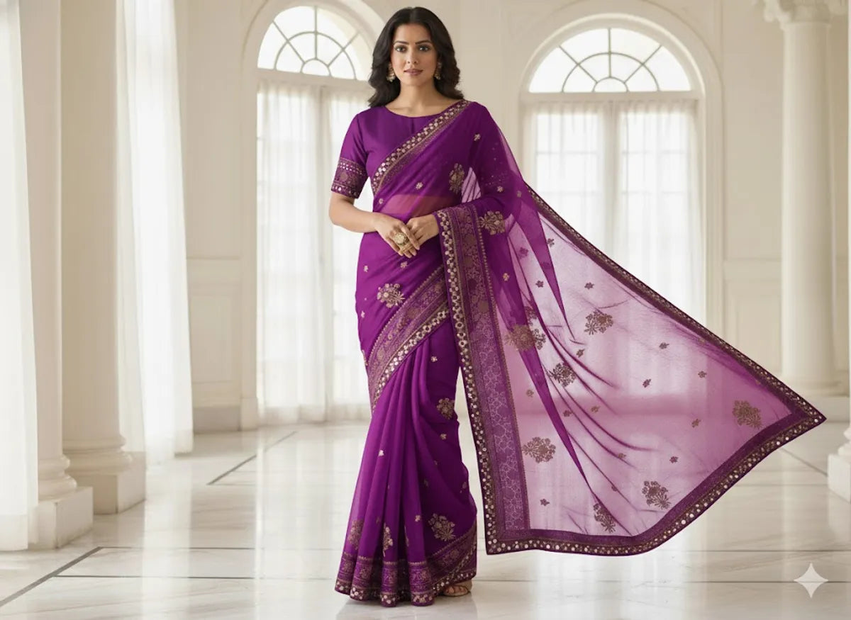Purple Soft Organza Partywear Saree For Women