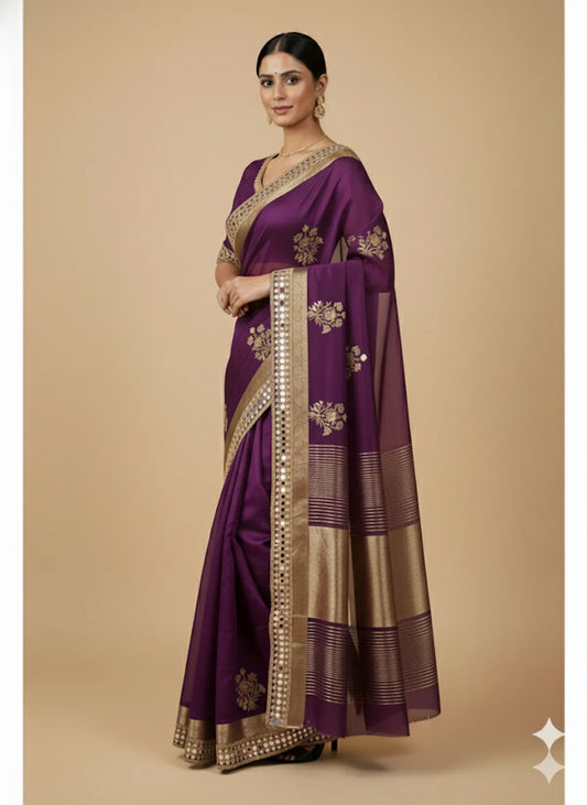 Purple Soft Organza Partywear Saree For Women