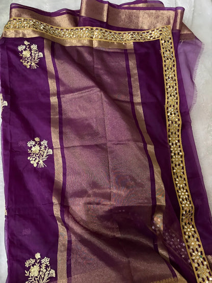 Purple Soft Organza Partywear Saree For Women