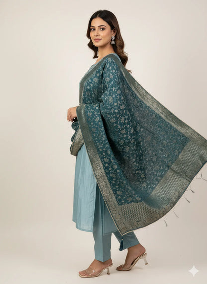Peacock Blue Tissue Silk Fabric Partywear Suit Set For Women