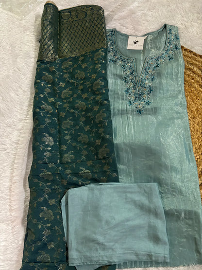 Peacock Blue Tissue Silk Fabric Partywear Suit Set For Women