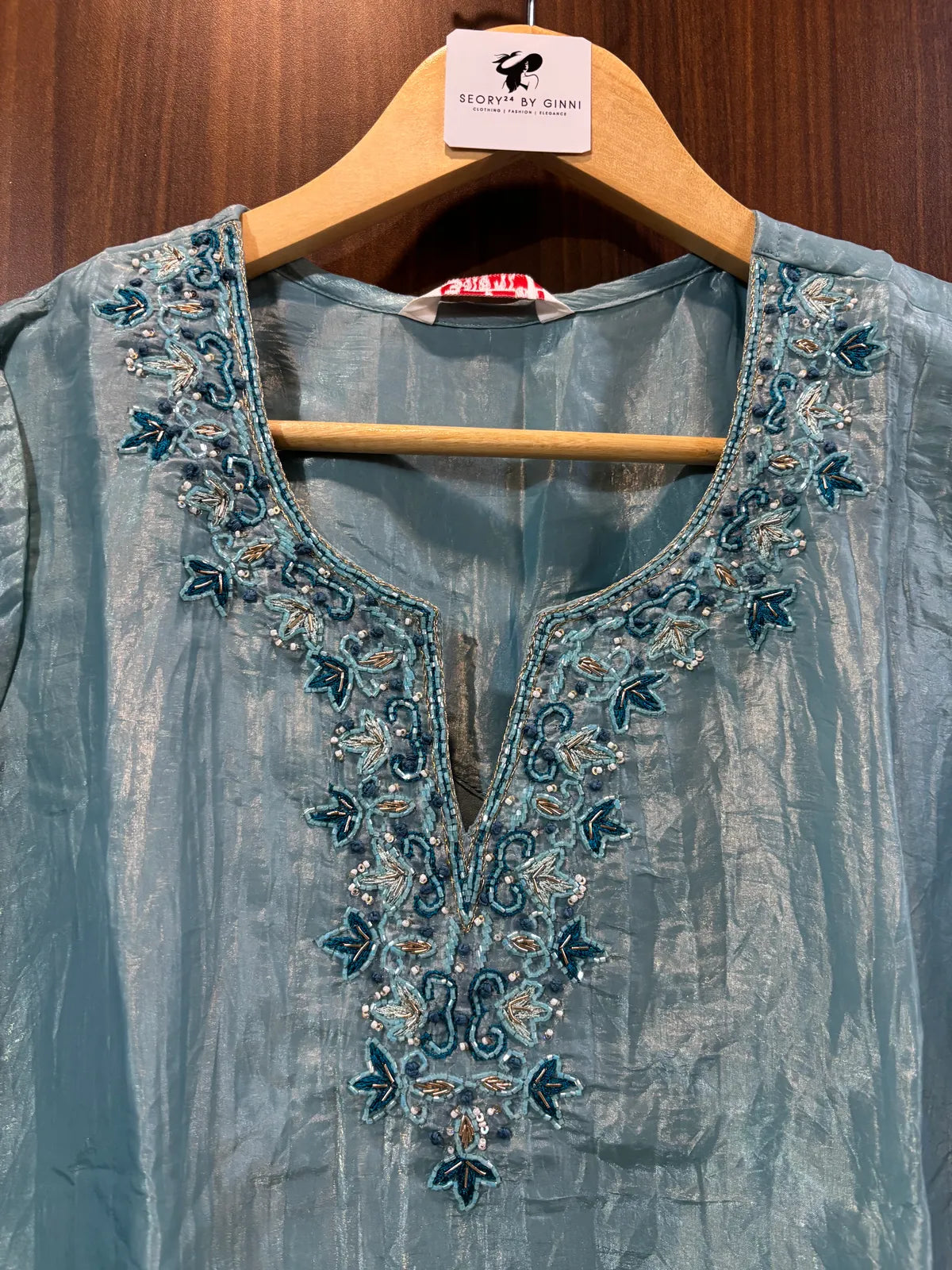 Peacock Blue Tissue Silk Fabric Partywear Suit Set For Women