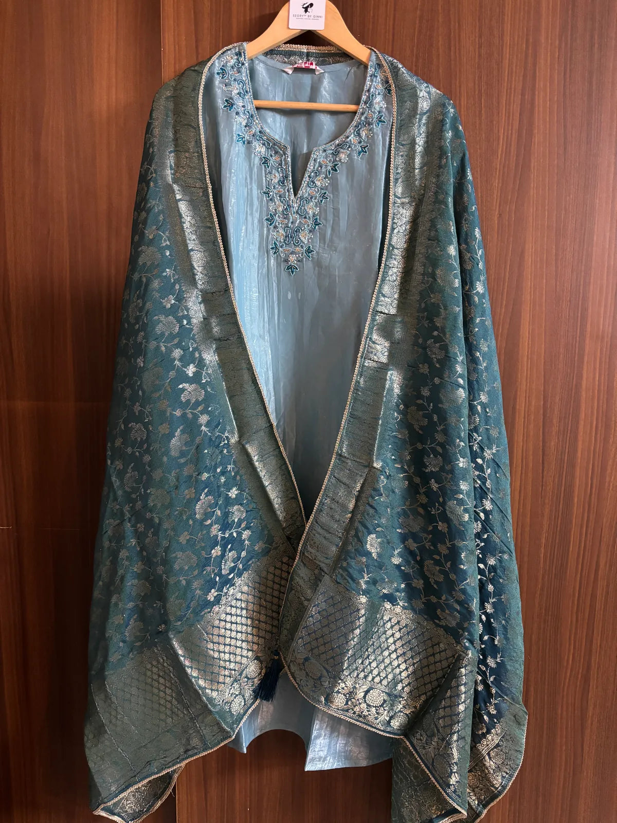 Peacock Blue Tissue Silk Fabric Partywear Suit Set For Women
