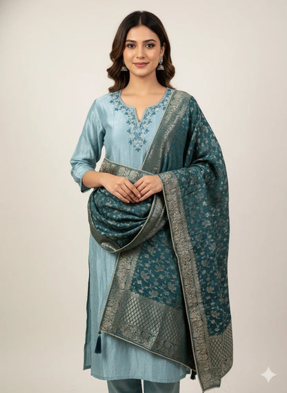 Peacock Blue Tissue Silk Fabric Partywear Suit Set For Women