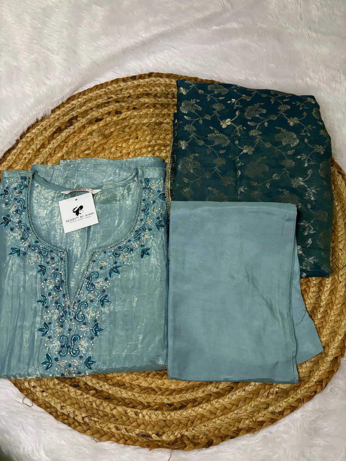 Peacock Blue Tissue Silk Fabric Partywear Suit Set For Women