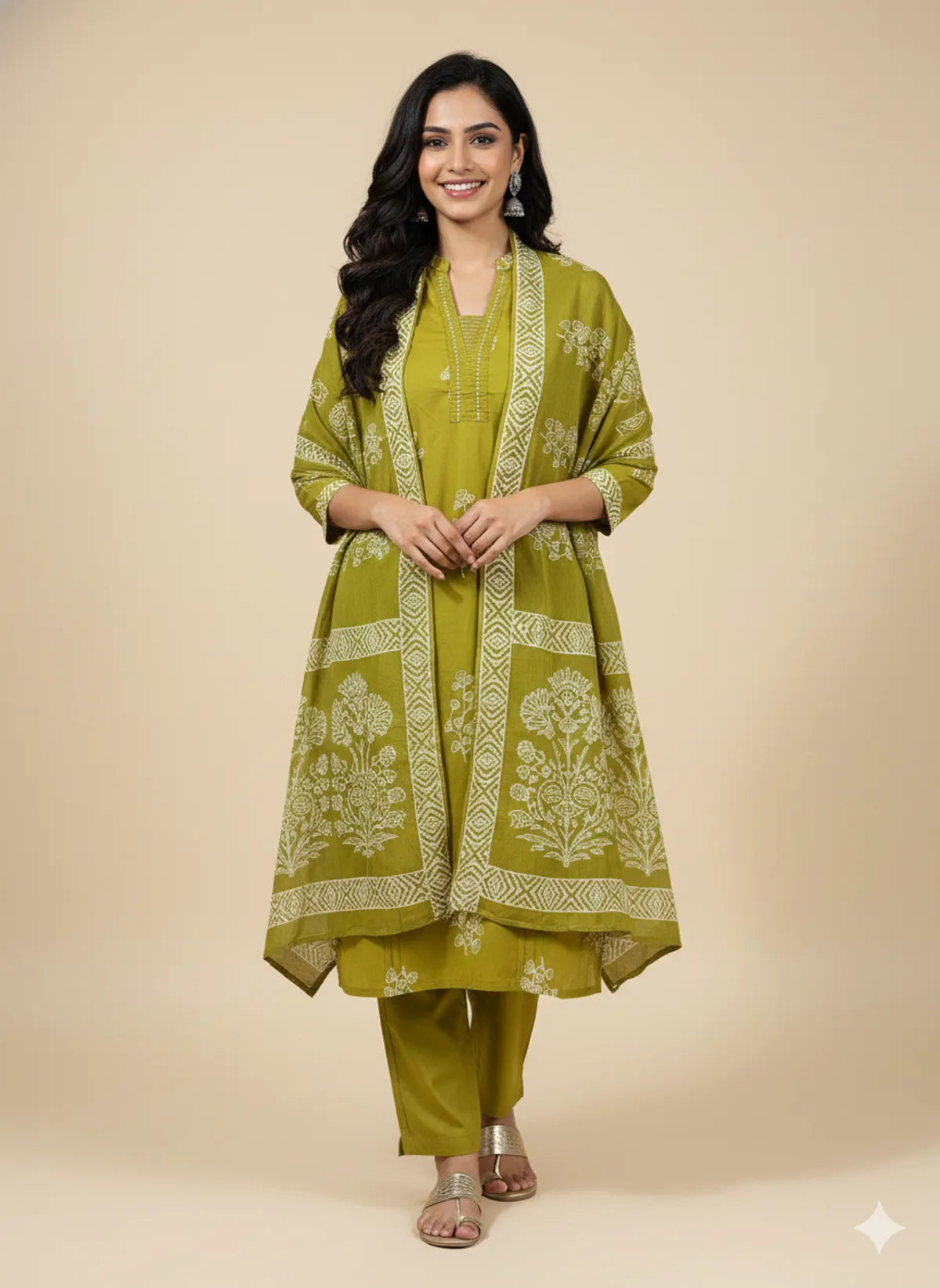 Green Cotton Partywear Suit Set For Women