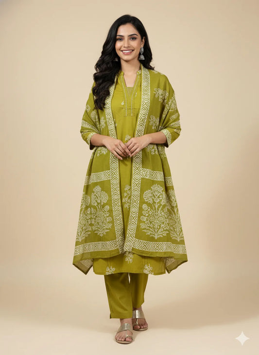 Green Cotton Partywear Suit Set For Women