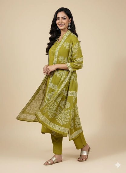 Green Cotton Partywear Suit Set For Women