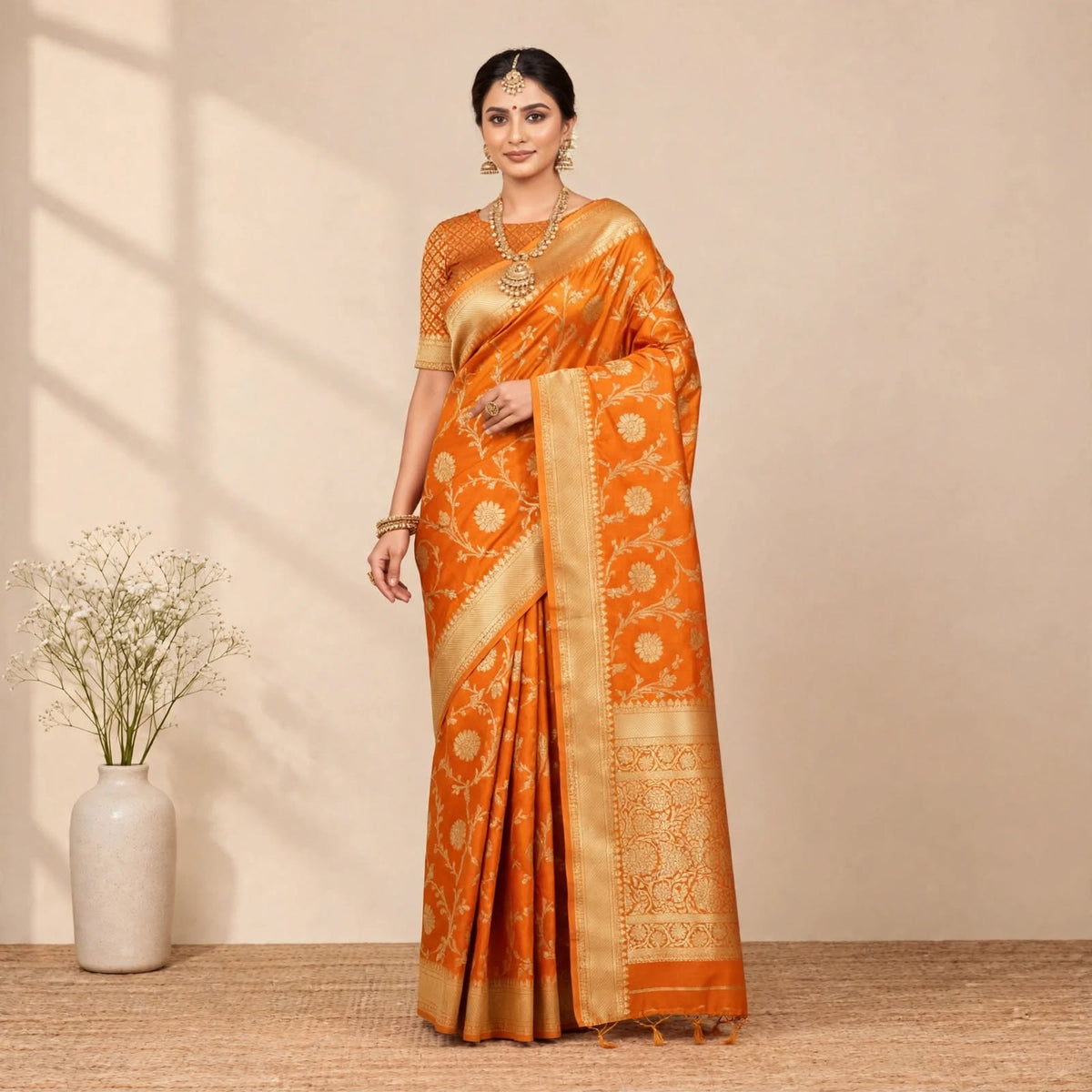 Mashroo Orange Soft Organza Partywear Saree For Women