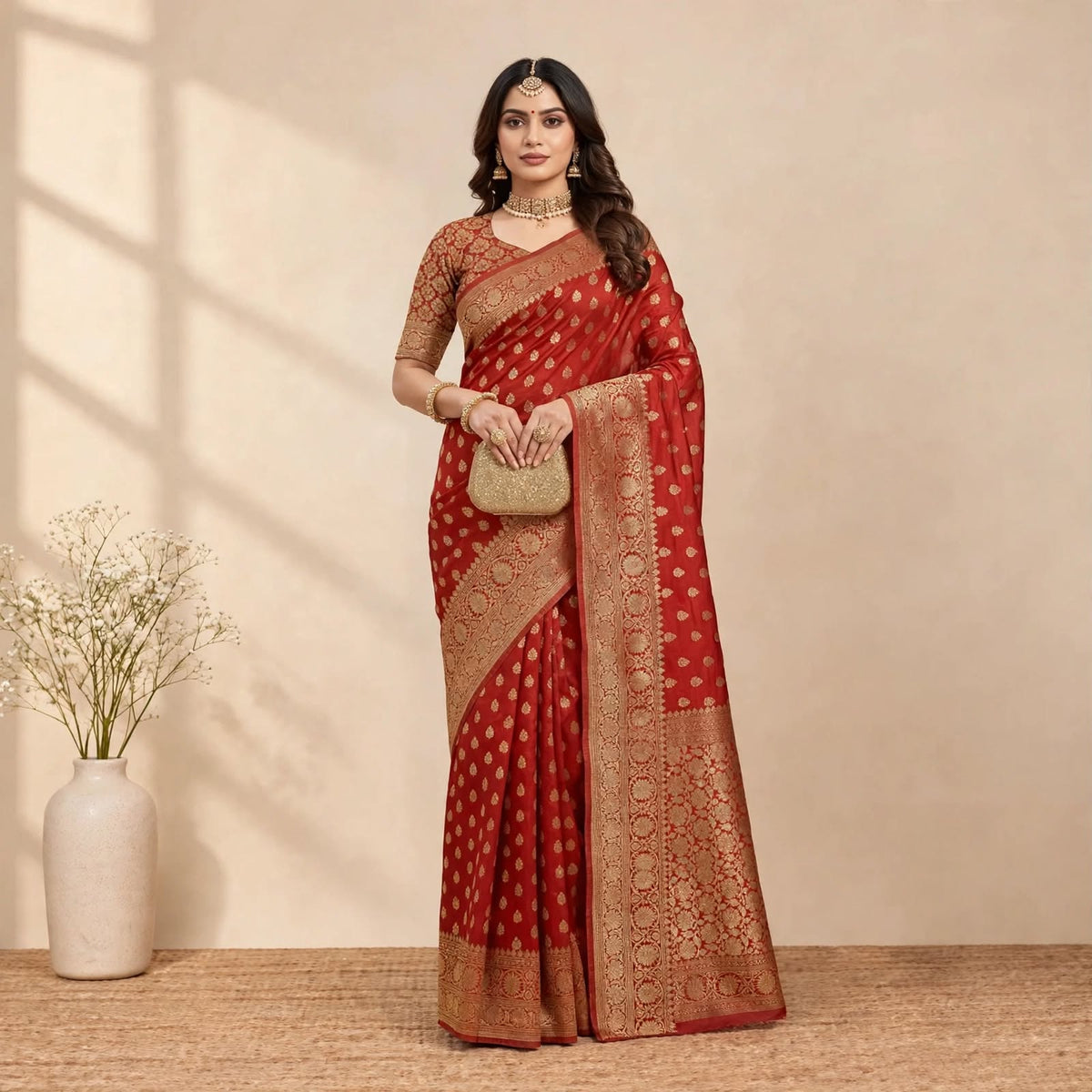 Red Soft Organza Partywear Saree For Women