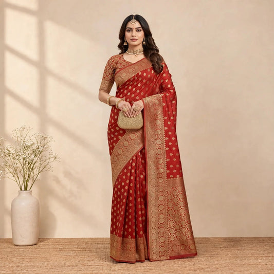Red Soft Organza Partywear Saree For Women