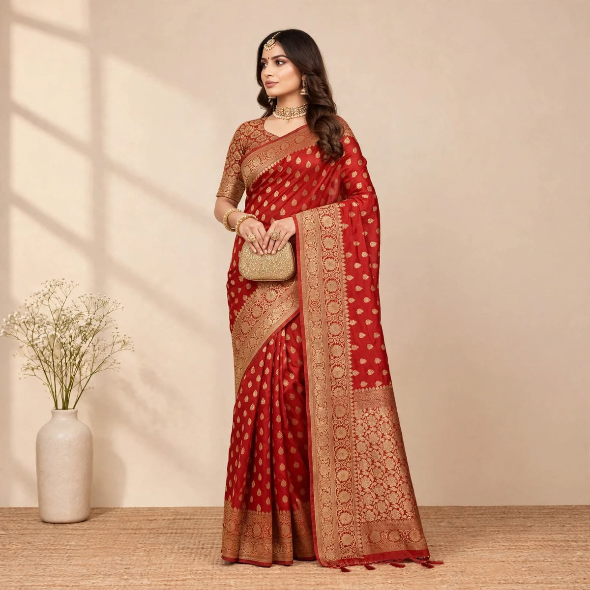 Red Soft Organza Partywear Saree For Women