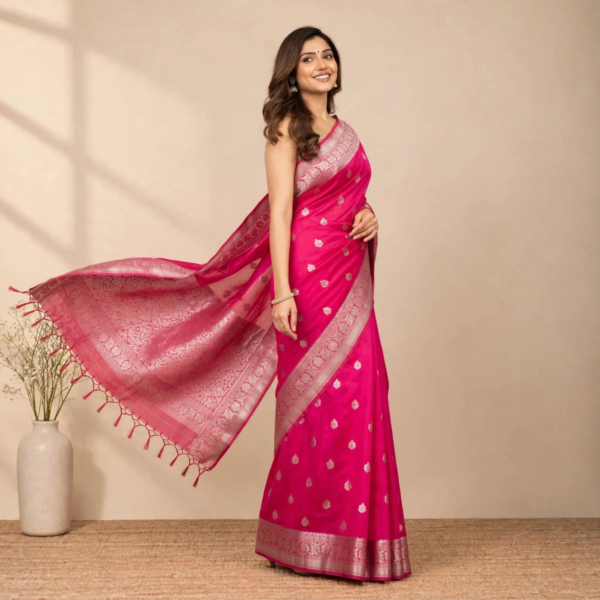 Pink Banarasi Cotton Silk Partywear Saree For Women