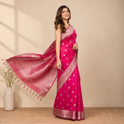 Pink Banarasi Cotton Silk Partywear Saree For Women