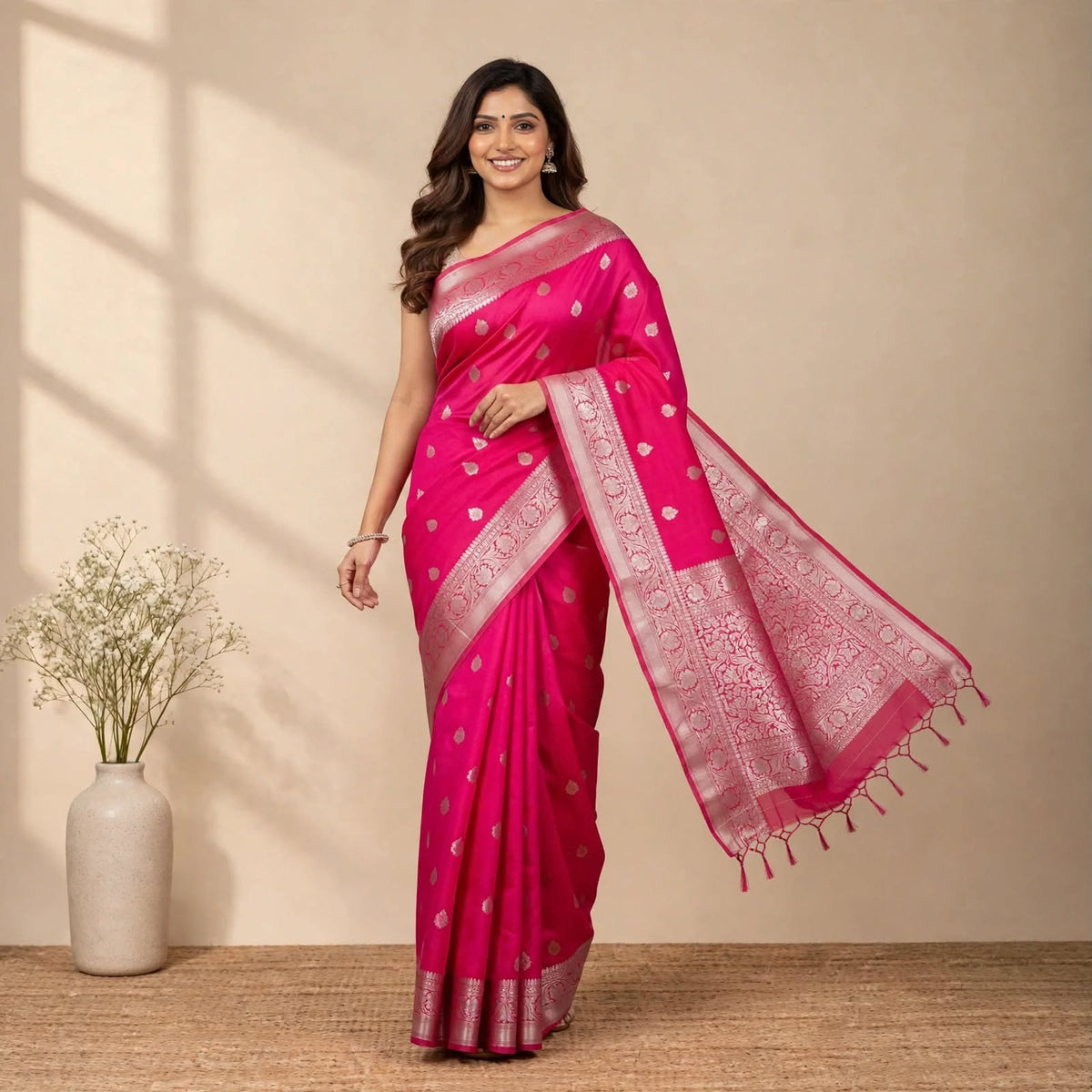 Pink Banarasi Cotton Silk Partywear Saree For Women