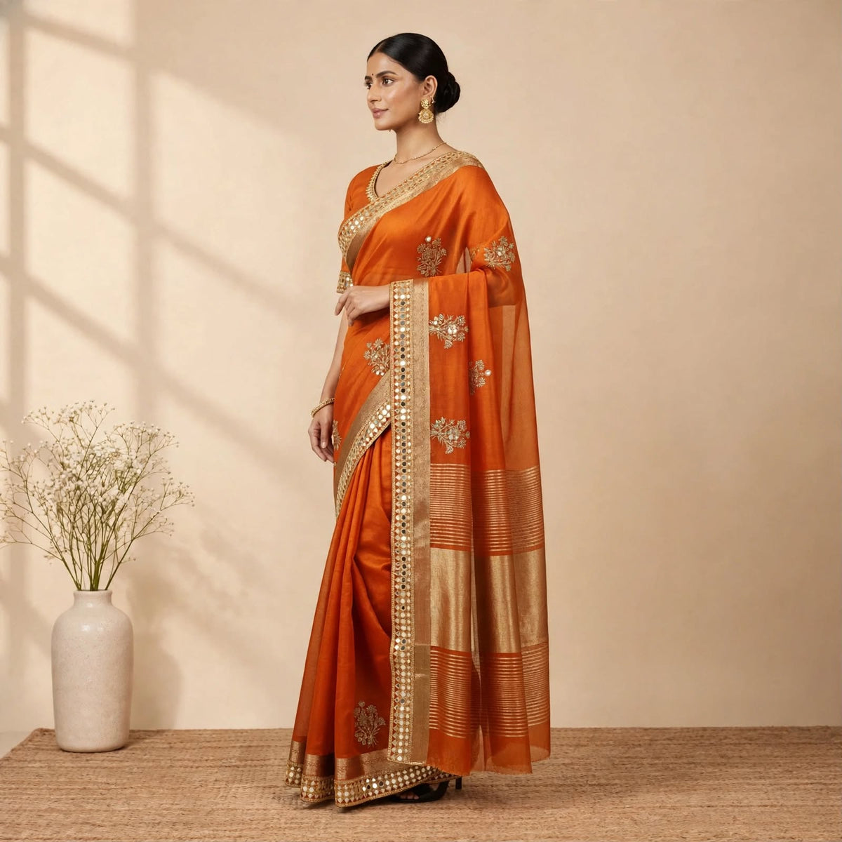 Orange Soft Organza Partywear Saree For Women
