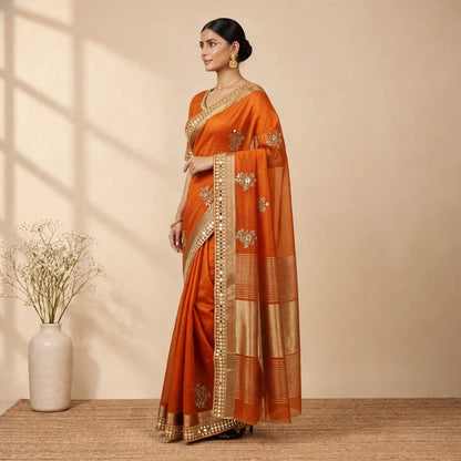 Orange Soft Organza Partywear Saree For Women