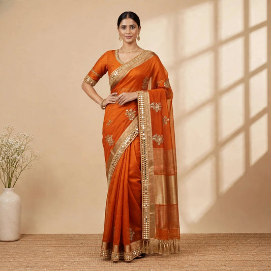 Orange Soft Organza Partywear Saree For Women