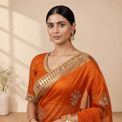 Orange Soft Organza Partywear Saree For Women