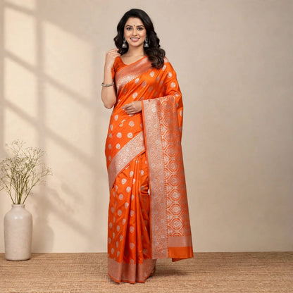Orange Katan Silk Partywear Saree For Women