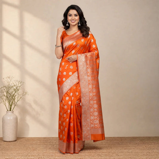 Orange Katan Silk Partywear Saree For Women