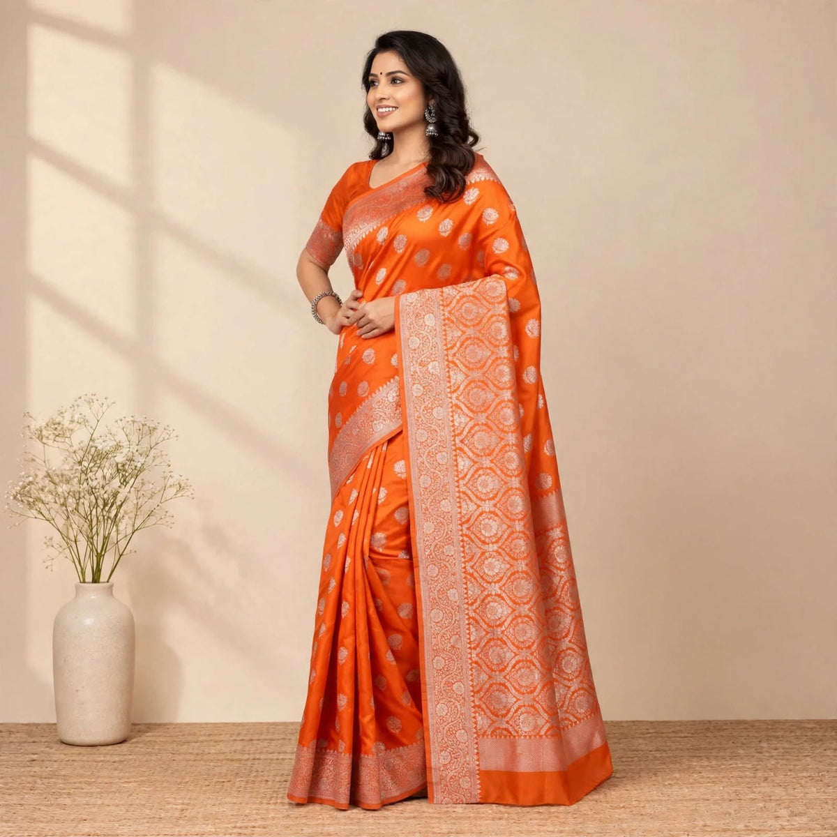 Orange Katan Silk Partywear Saree For Women
