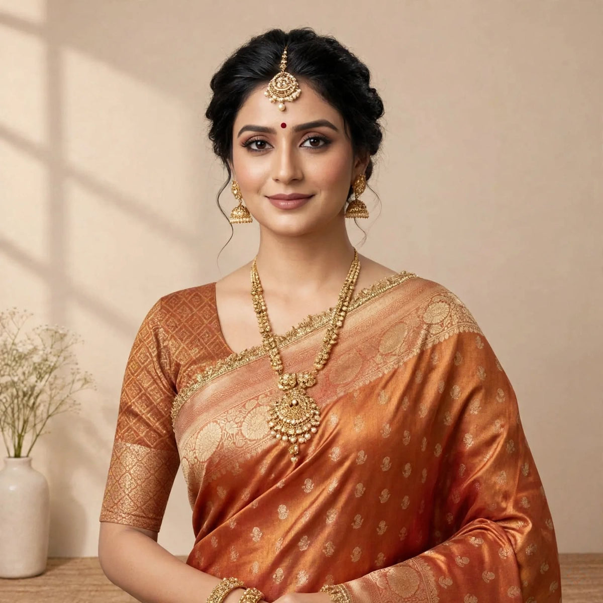 Mettalic Orange Banarsi Soft Tissue Silk Partywear Saree For Women
