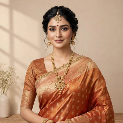 Mettalic Orange Banarsi Soft Tissue Silk Partywear Saree For Women