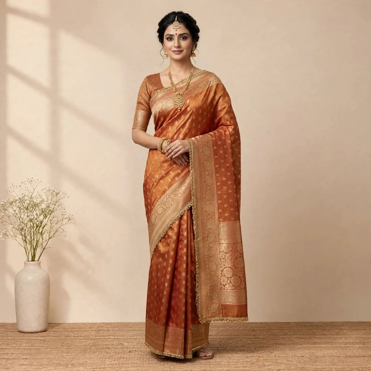 Mettalic Orange Banarsi Soft Tissue Silk Partywear Saree For Women