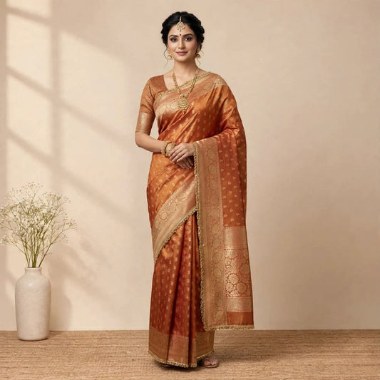 Mettalic Orange Banarsi Soft Tissue Silk Partywear Saree For Women