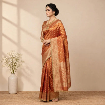 Mettalic Orange Banarsi Soft Tissue Silk Partywear Saree For Women