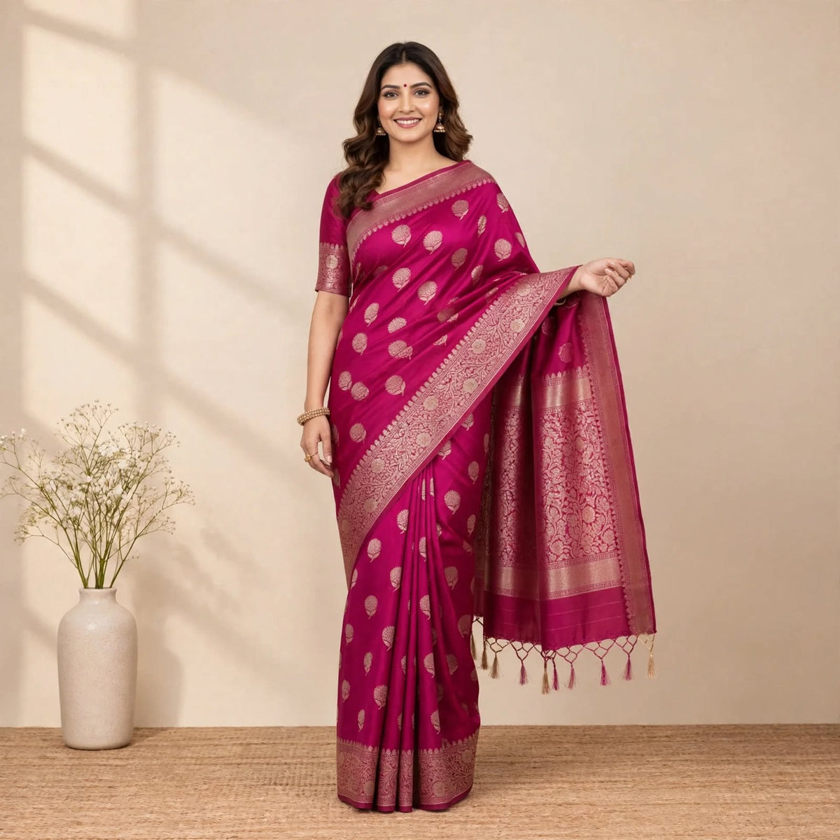 Magenta Pink Katan Silk Partywear Saree For Women