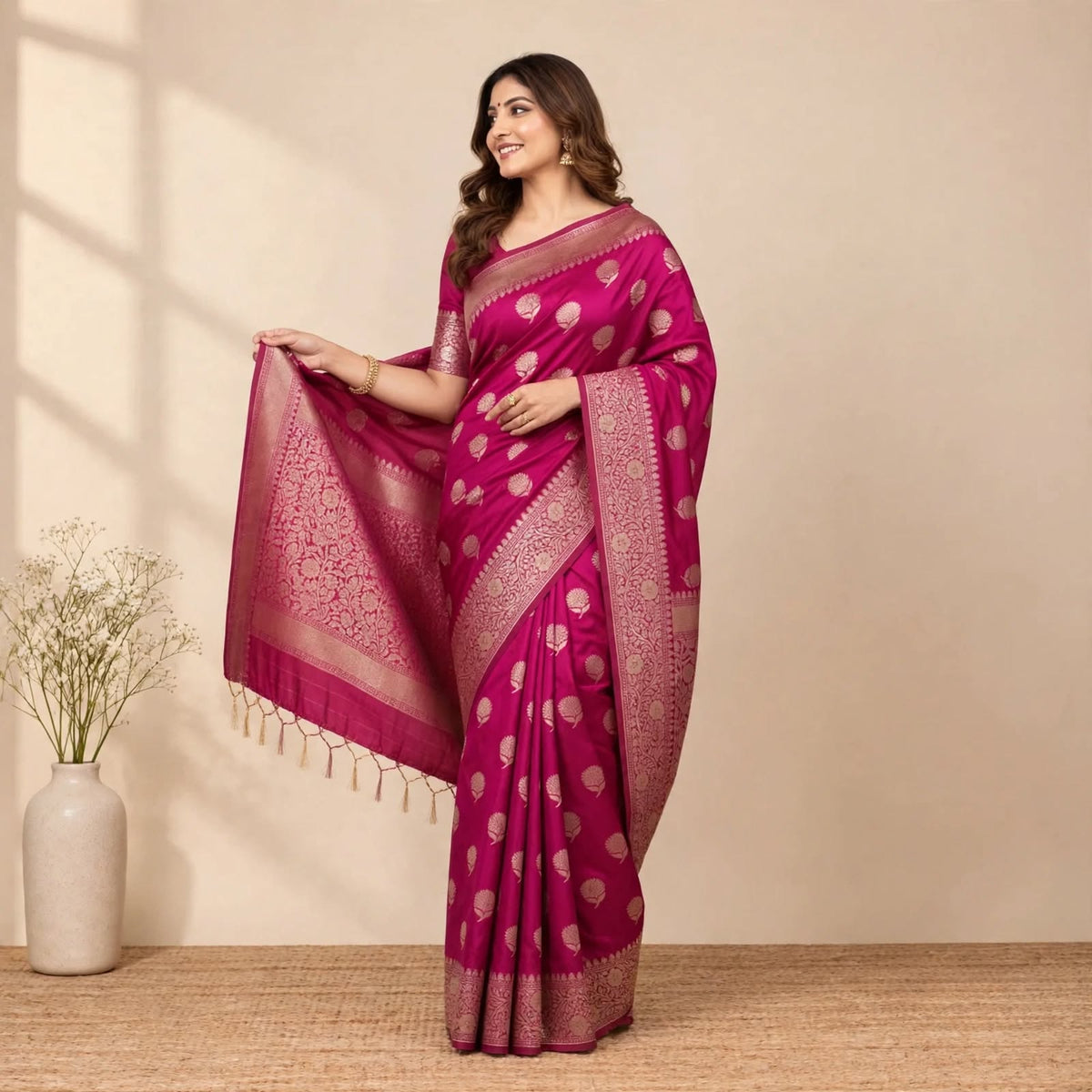 Magenta Pink Katan Silk Partywear Saree For Women
